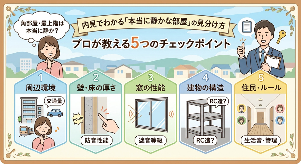 内見でわかる「本当に静かな部屋」の見分け方｜角部屋・最上階は本当に静か？プロが教える5つのチェックポイントの画像