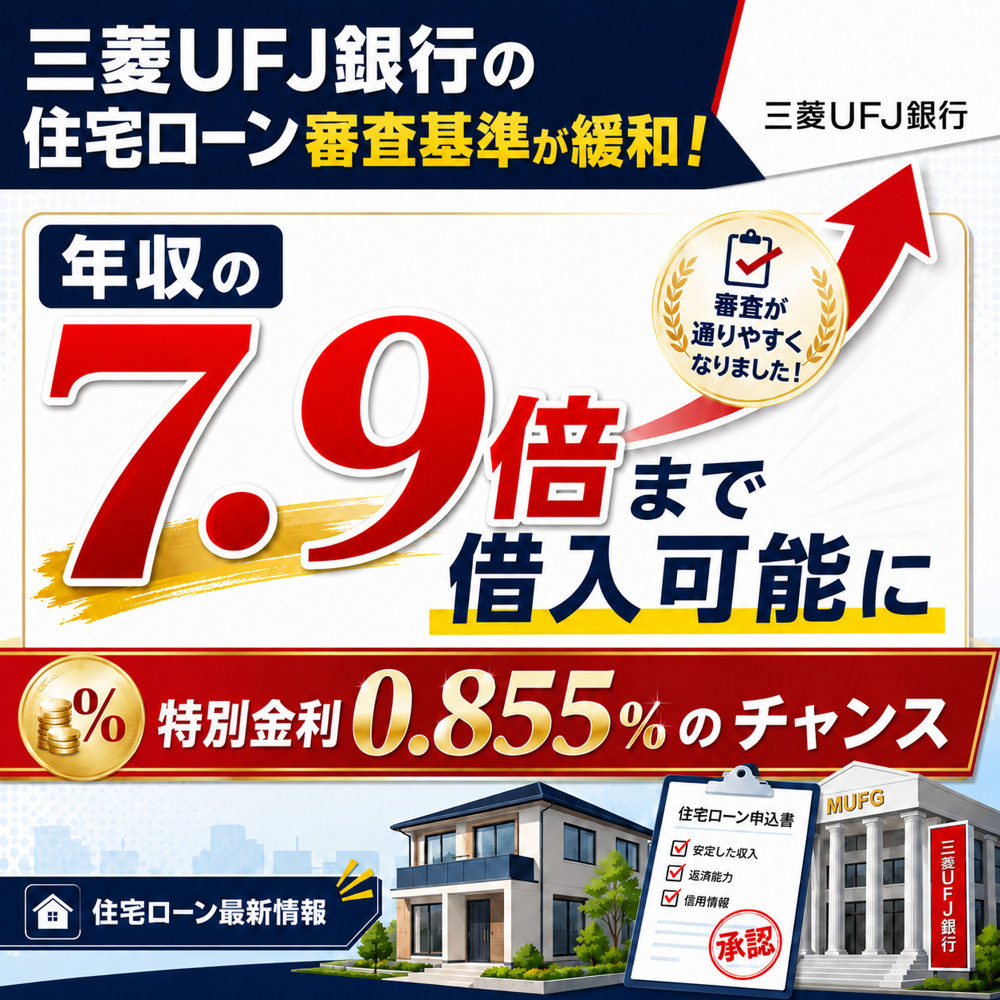 三菱UFJ銀行の住宅ローン審査基準が緩和！年収の7.9倍まで借入可能に＋特別金利0.855％のチャンスの画像