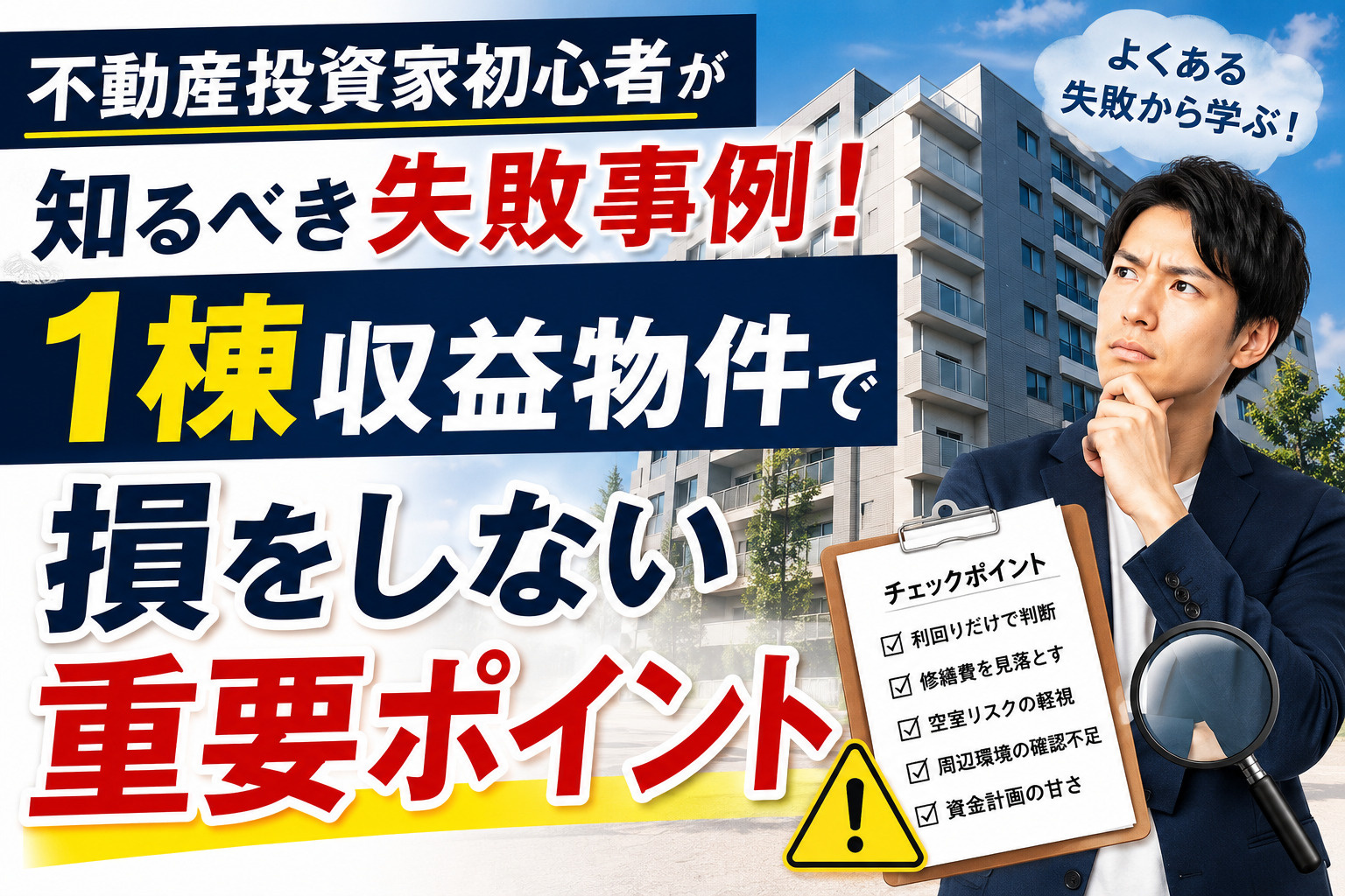 不動産投資家初心者が知るべき失敗事例!1棟収益物件で損をしない重要ポイントの画像