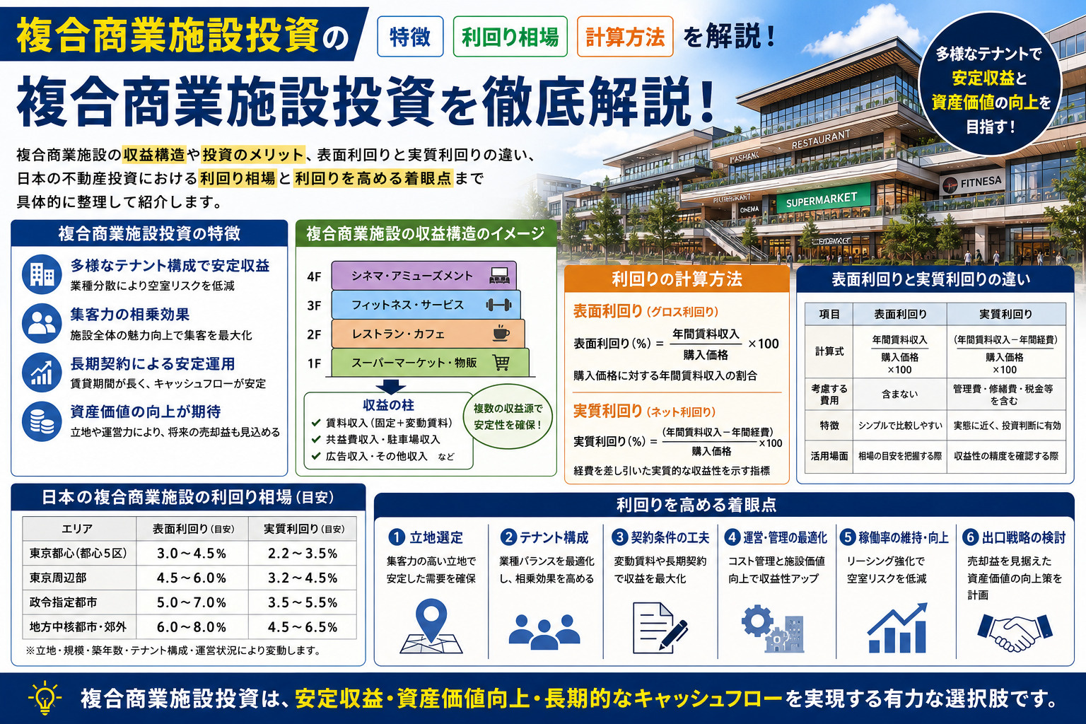 複合商業施設への投資は有利か？利回りと相場の目安を解説の画像