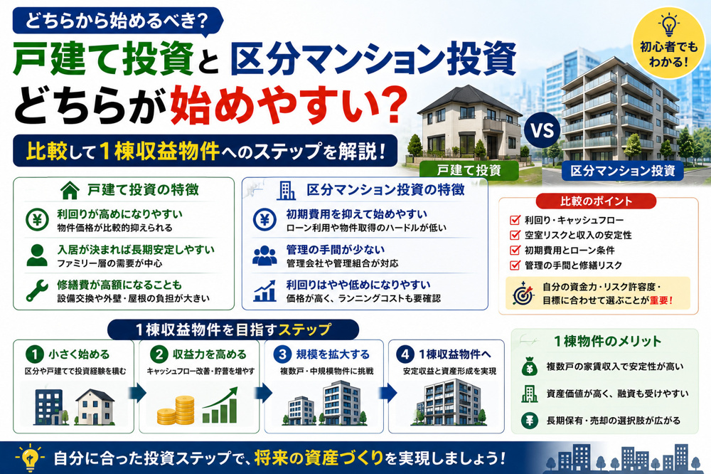 戸建て投資と区分マンション投資どちらが始めやすい？比較して1棟収益物件へのステップを解説の画像