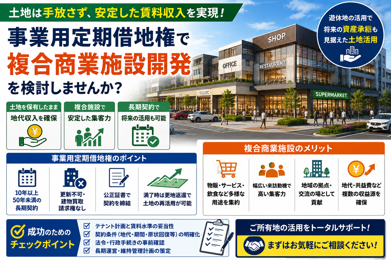 事業用定期借地で複合商業施設を開発！安定賃貸経営の進め方を解説の画像