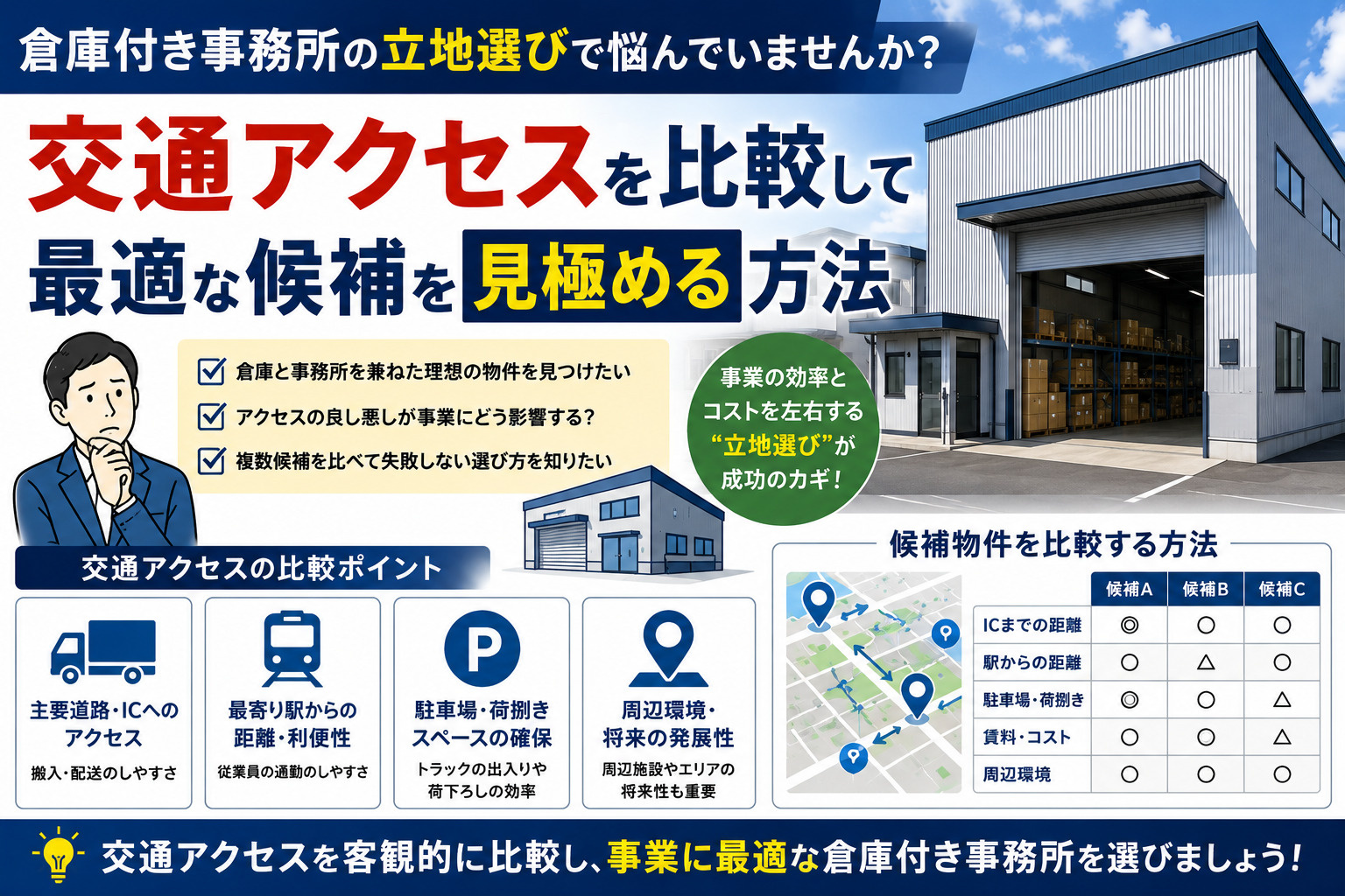 倉庫付き事務所の立地選びで悩んでいませんか？交通アクセスを比較して最適な候補を見極める方法の画像