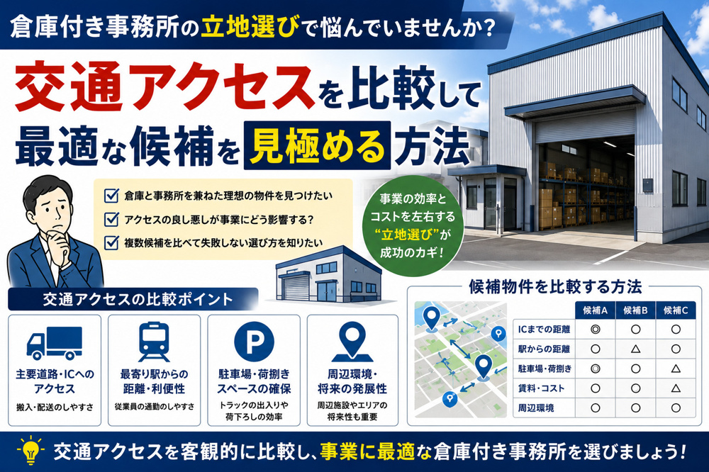倉庫付き事務所の立地選びで悩んでいませんか？交通アクセスを比較して最適な候補を見極める方法の画像