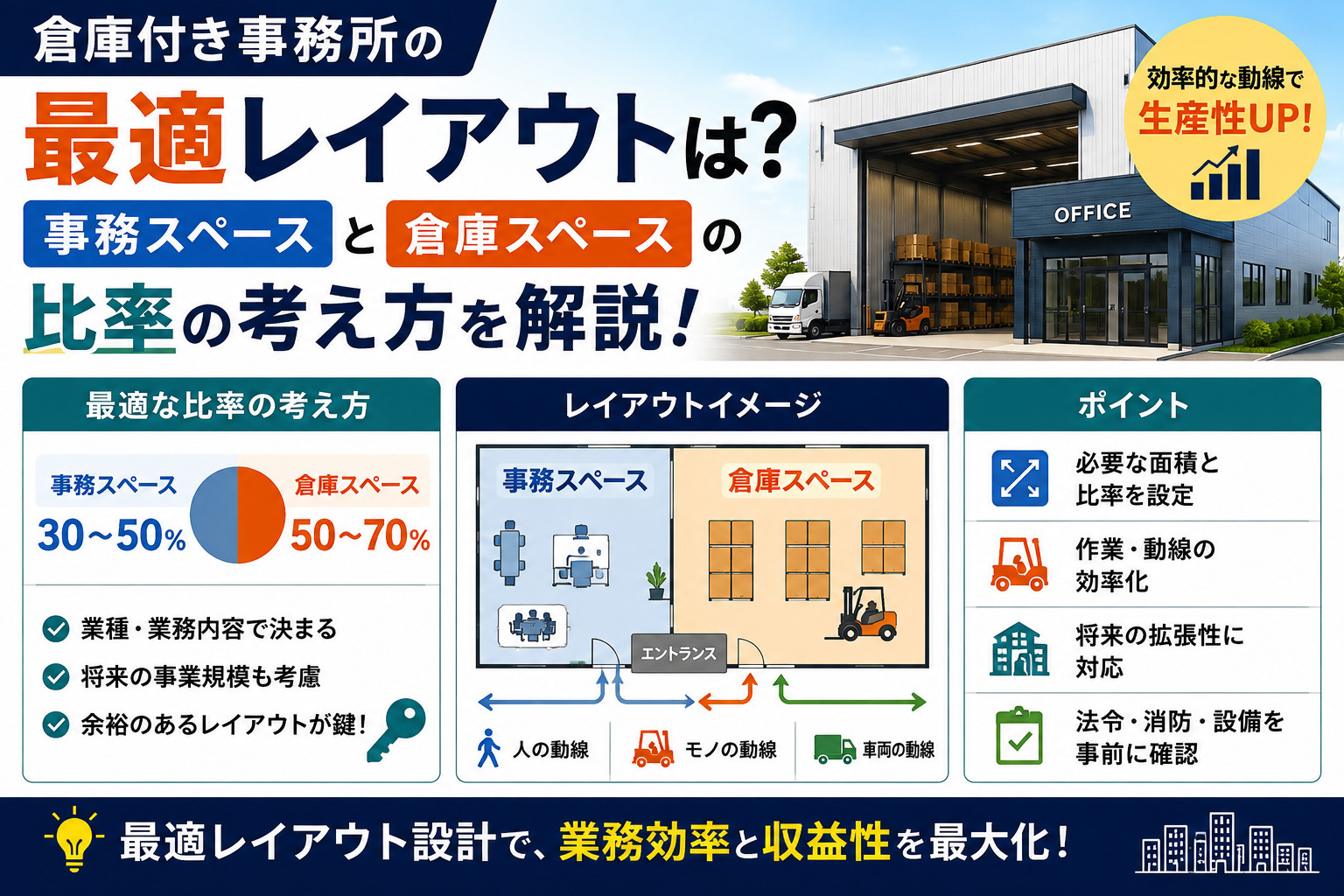 倉庫付き事務所の最適レイアウトは?事務スペースと倉庫スペースの比率の考え方を解説の画像
