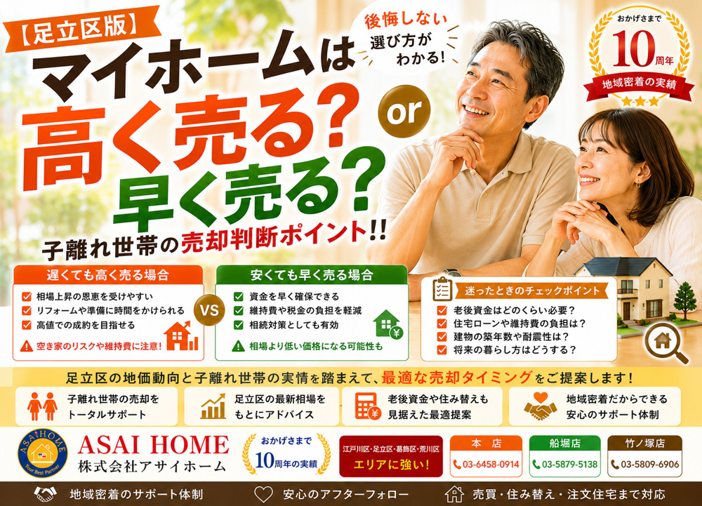 【足立区版】マイホームは高く売る？早く売る？子離れ世帯の売却判断ポイント！！の画像