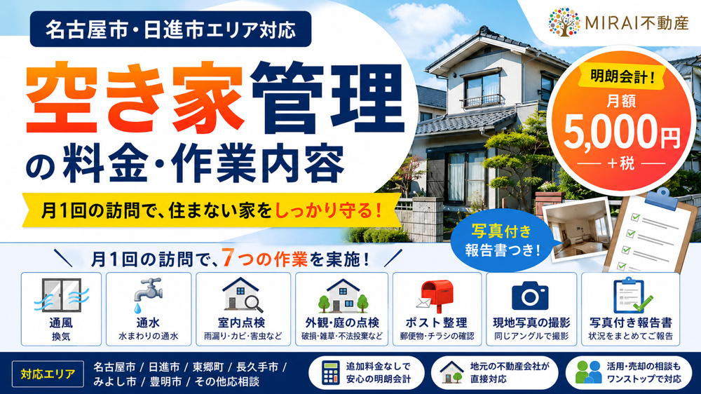 【名古屋市・日進市】空き家管理の料金・作業内容 月額5,000円＋税・写真付き報告書つきの画像