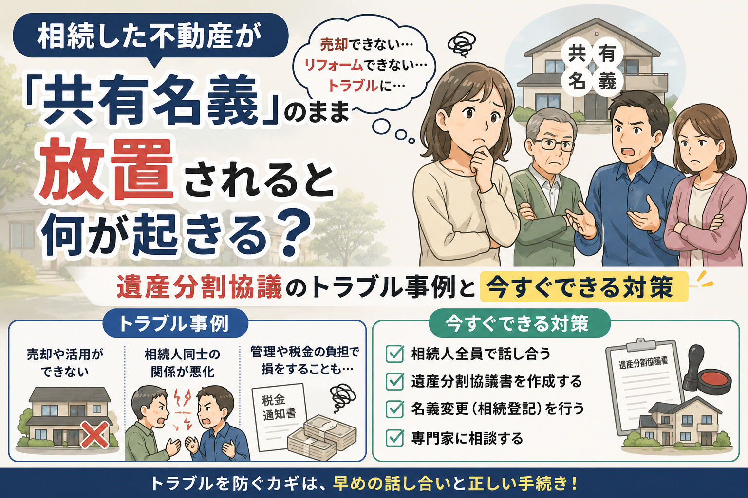 相続した不動産が「共有名義」のまま放置されると何が起きる?遺産分割協議のトラブル事例と今すぐできる対策の画像
