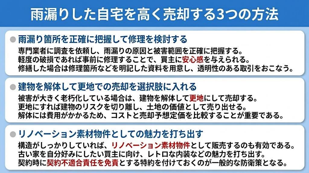 雨漏りした自宅を高く売却する3つの方法