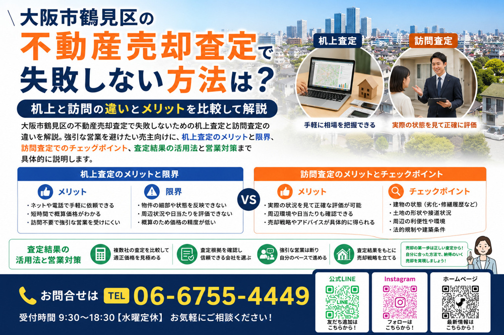 大阪市鶴見区の不動産売却査定で失敗しない方法は？机上と訪問の違いとメリットを比較して解説の画像