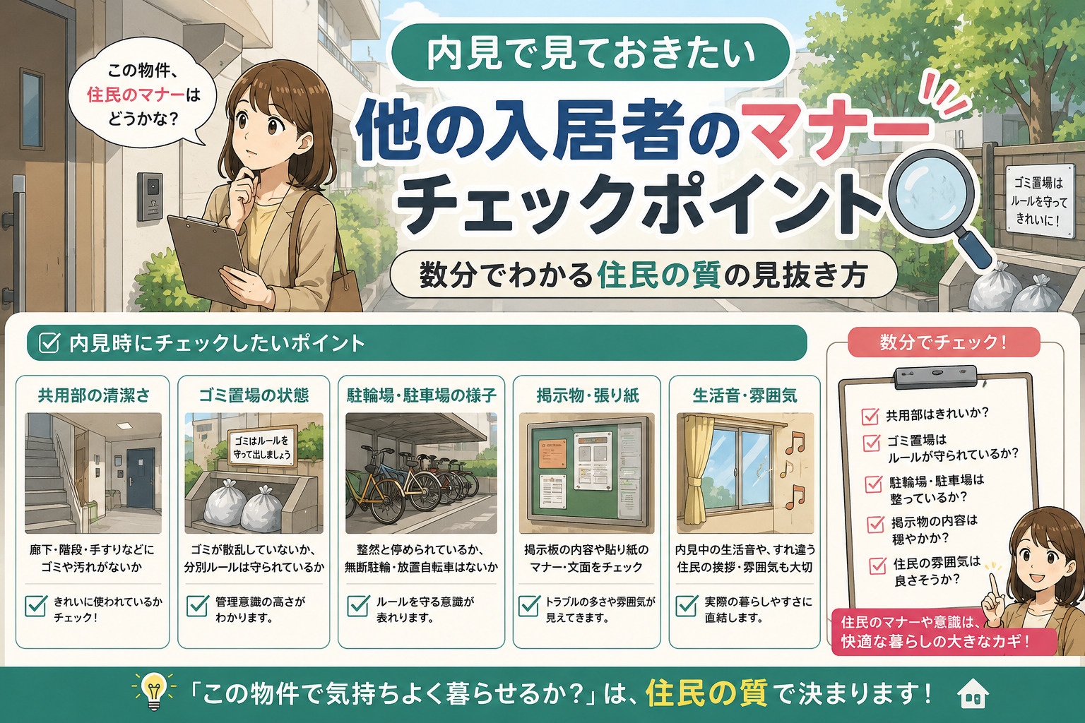 内見で見ておきたい「他の入居者のマナー」チェックポイント|数分でわかる住民の質の見抜き方の画像