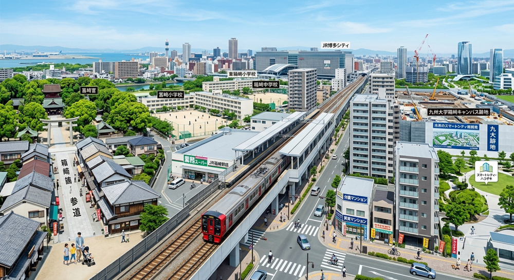 【箱崎駅周辺エリア】博多駅へ2駅の好立地！ 歴史情緒と未来のスマートシティ再開発が交わる、全世帯向け住みやすさ完全ガイドの画像