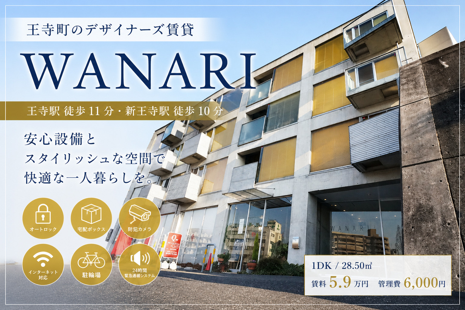 【王寺町のデザイナーズ賃貸】WANARI｜王寺駅徒歩11分・設備充実の1DKマンションの画像
