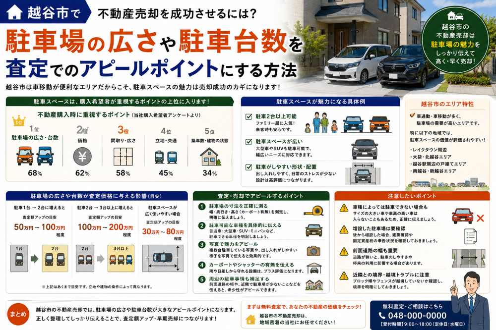 越谷市で不動産売却を成功させるには？駐車場の広さや駐車台数を査定でのアピールポイントにする方法の画像