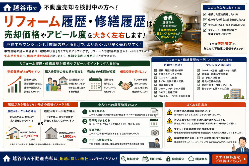 越谷市で不動産売却を検討中の方へ！戸建てマンションのリフォーム履歴修繕履歴が価格やアピールポイントに与える影響と中古住宅の履歴整理のコツの画像