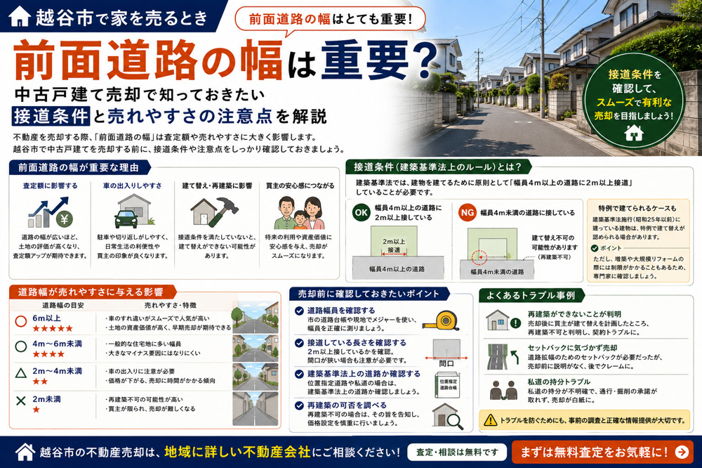 越谷市で家を売るとき前面道路の幅は重要？中古戸建て不動産売却で接道条件と売れやすさの注意点を解説の画像