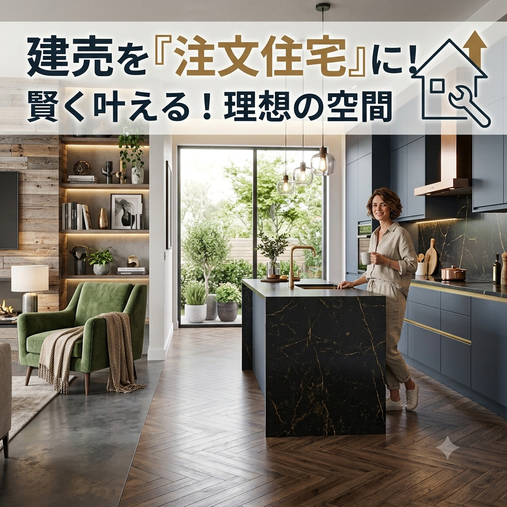 新常識】注文住宅が高すぎるなら「新築建売リノベ」！コストを抑えて理想のお洒落ハウスを叶える方法「注文住宅でこだわり尽くした家を建てたい！」  そう願ってマイホーム計画を始めたものの、ウッドショックや物価高騰による見積もりの高さに絶望していませんか？かといって、一般的な「新築建売住宅」を見ると、どれも同じような間取りや無難なデザインばかりで、「なんかワクワクしない…」とガッカリしてしまうことも。  「予算は抑えたい、でもダサい家には住みたくない！」  そんなワガママな願いを叶える第三の選択肢として、今注目さの画像