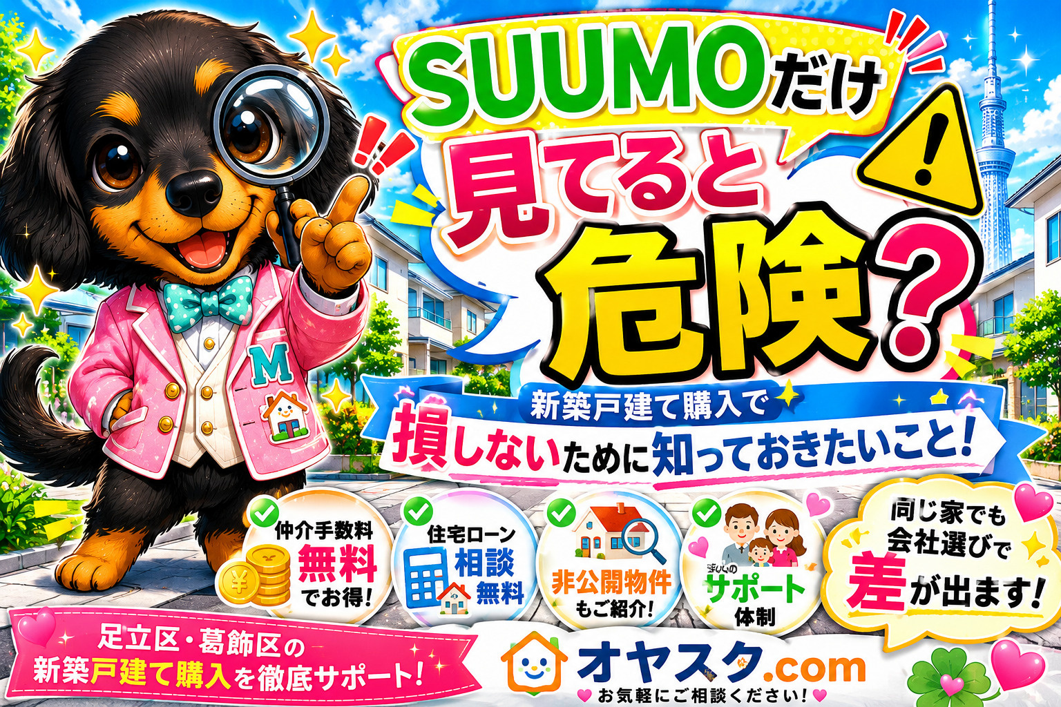 SUUMOだけで家探しをすると見落としがちな仲介手数料無料や住宅ローン相談など、新築戸建て購入で損をしないポイントを解説したオヤスク.comの記事タイトル画像
