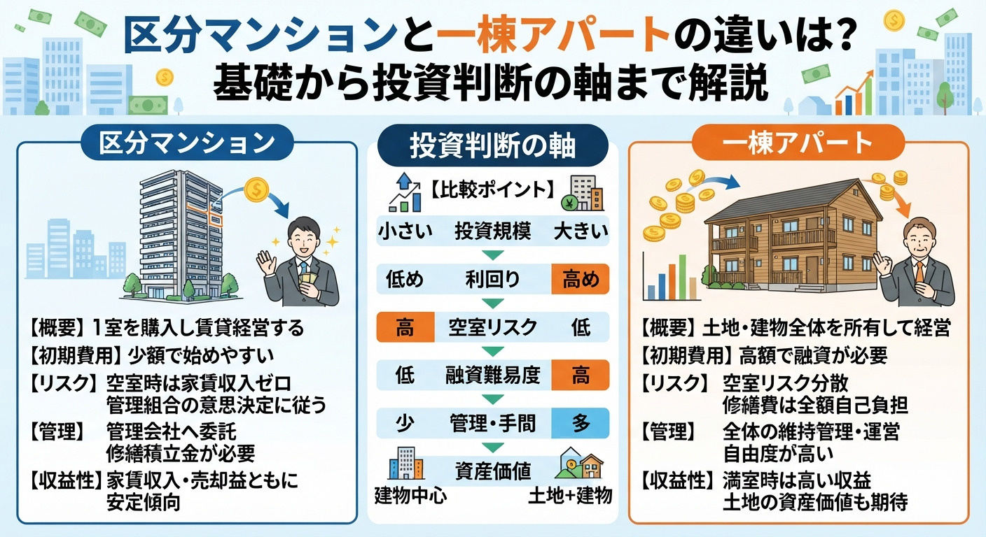 区分マンションと一棟アパートの違いは？基礎から投資判断の軸まで解説の画像