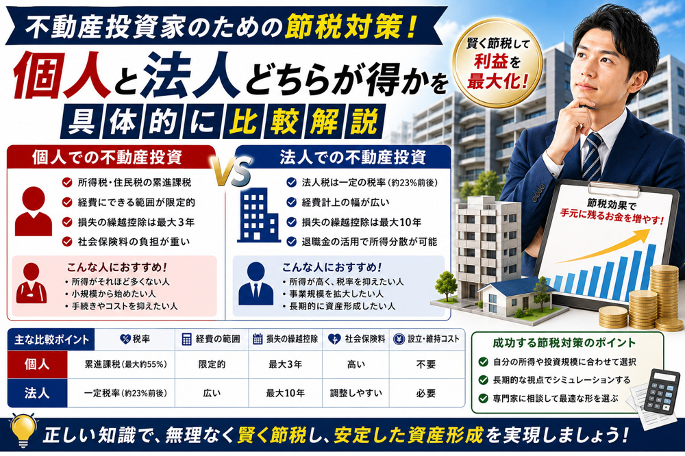 不動産投資家のための節税対策！個人と法人どちらが得かを具体的に比較解説の画像