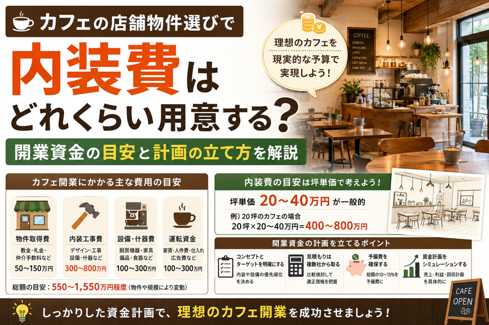 カフェの店舗物件選びで内装費はどれくらい用意する？開業資金の目安と計画の立て方を解説の画像
