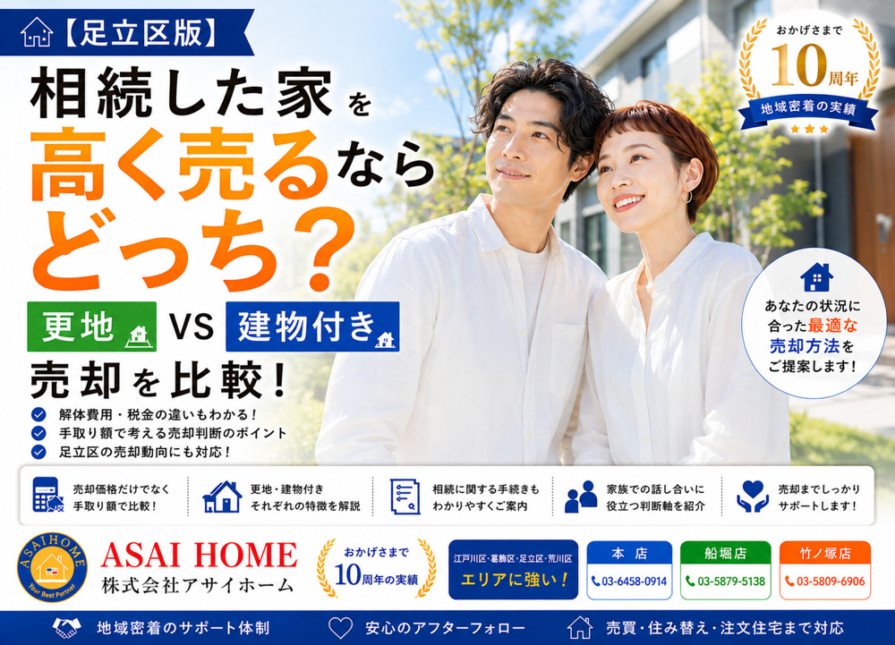 【足立区版】相続した家を高く売るならどっち？更地VS建物付き売却を比較！の画像