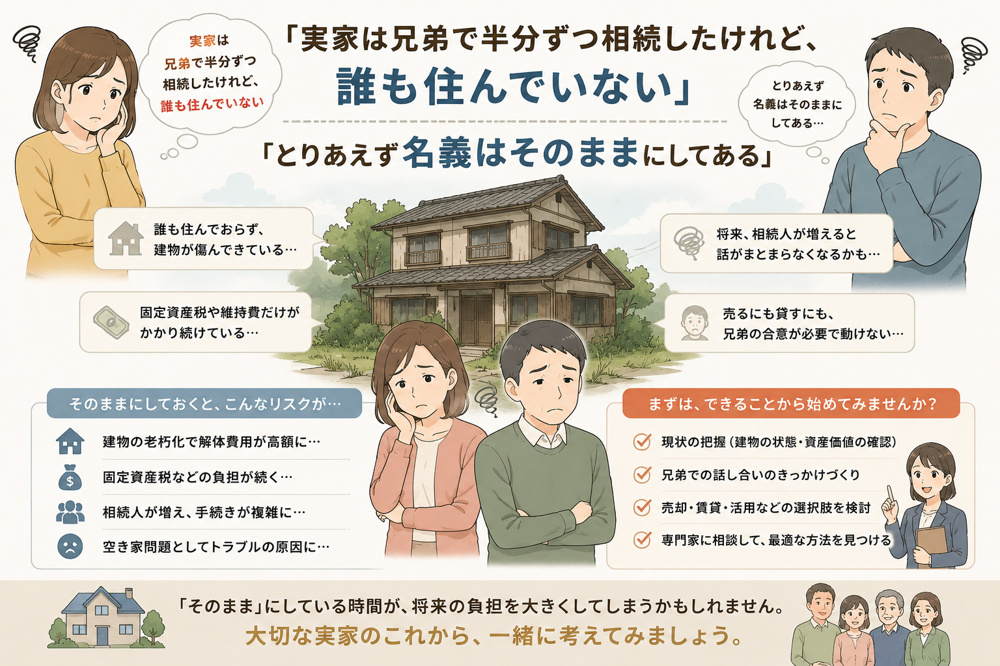 「実家は兄弟で半分ずつ相続したけれど、誰も住んでいない」「とりあえず名義はそのままにしてある」の画像