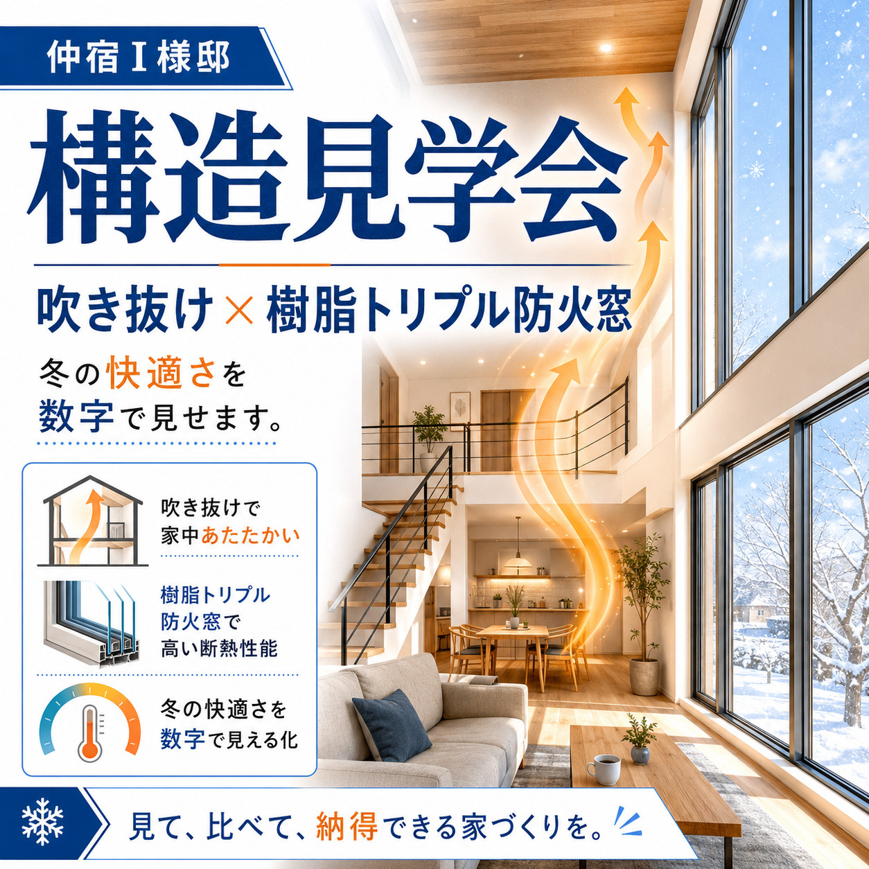 仲宿 I様邸 構造見学会｜吹き抜け×樹脂トリプル防火窓、冬の快適さを数字で見せます。