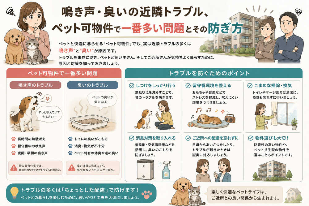 鳴き声・臭いの近隣トラブル、ペット可物件で一番多い問題とその防ぎ方の画像