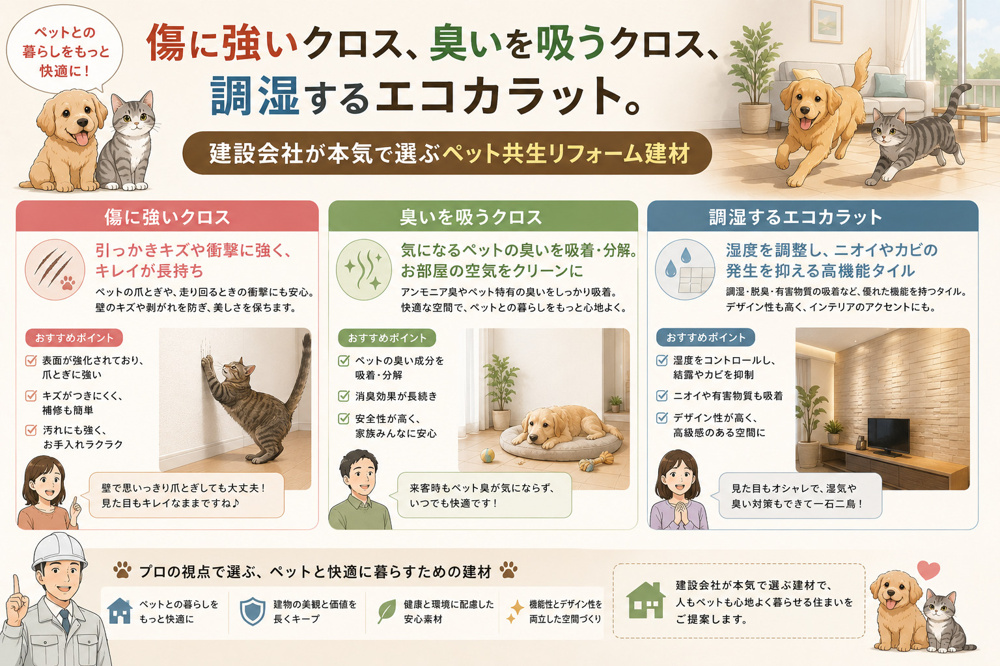 傷に強いクロス、臭いを吸うクロス、調湿するエコカラット。建設会社が本気で選ぶペット共生リフォーム建材の画像