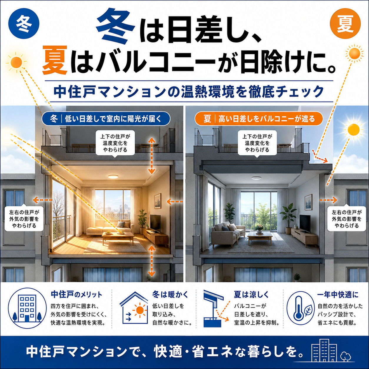 冬は日差し、夏はバルコニーが日除けに。中住戸マンションの温熱環境を徹底チェック