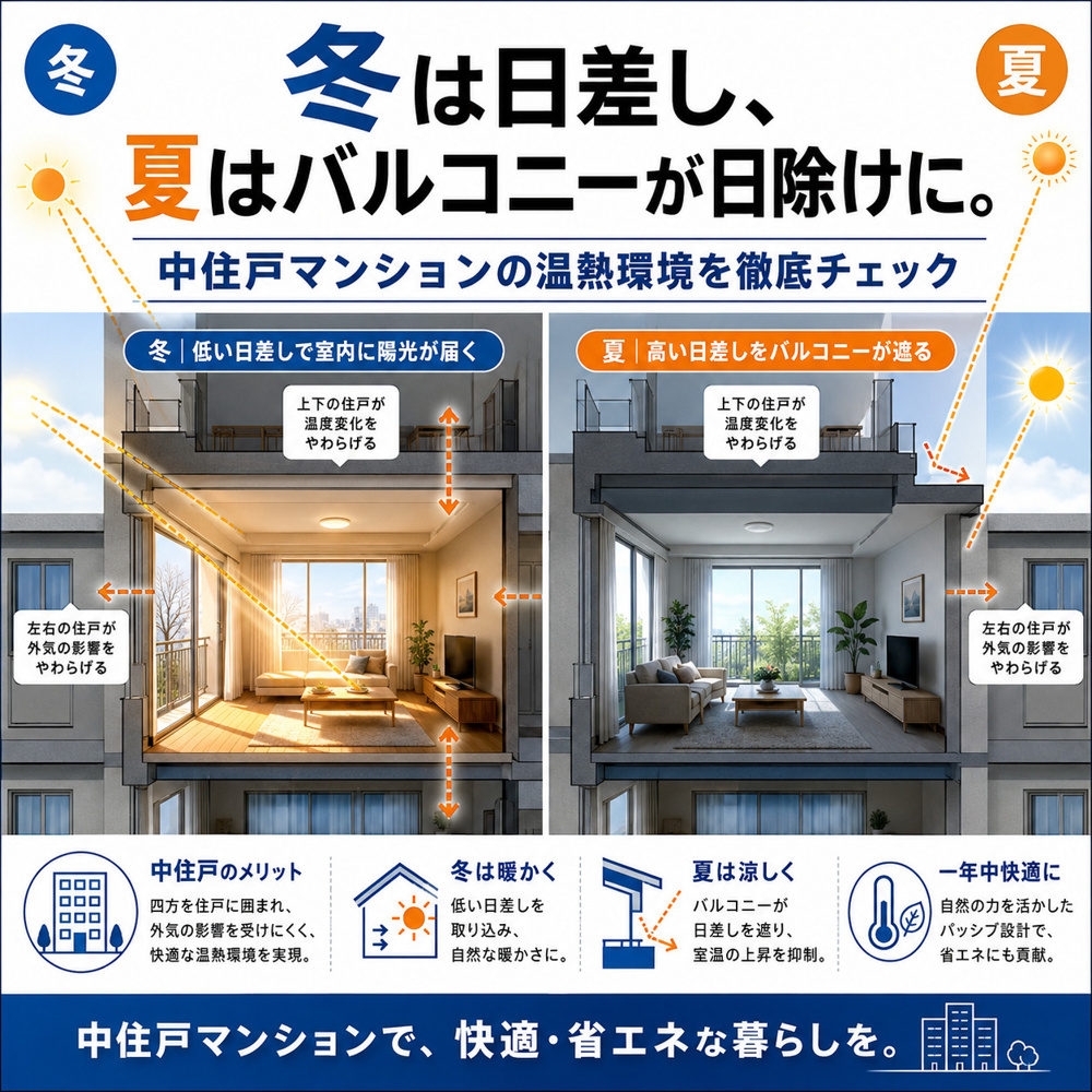 冬は日差し、夏はバルコニーが日除けに。中住戸マンションの温熱環境を徹底チェックの画像