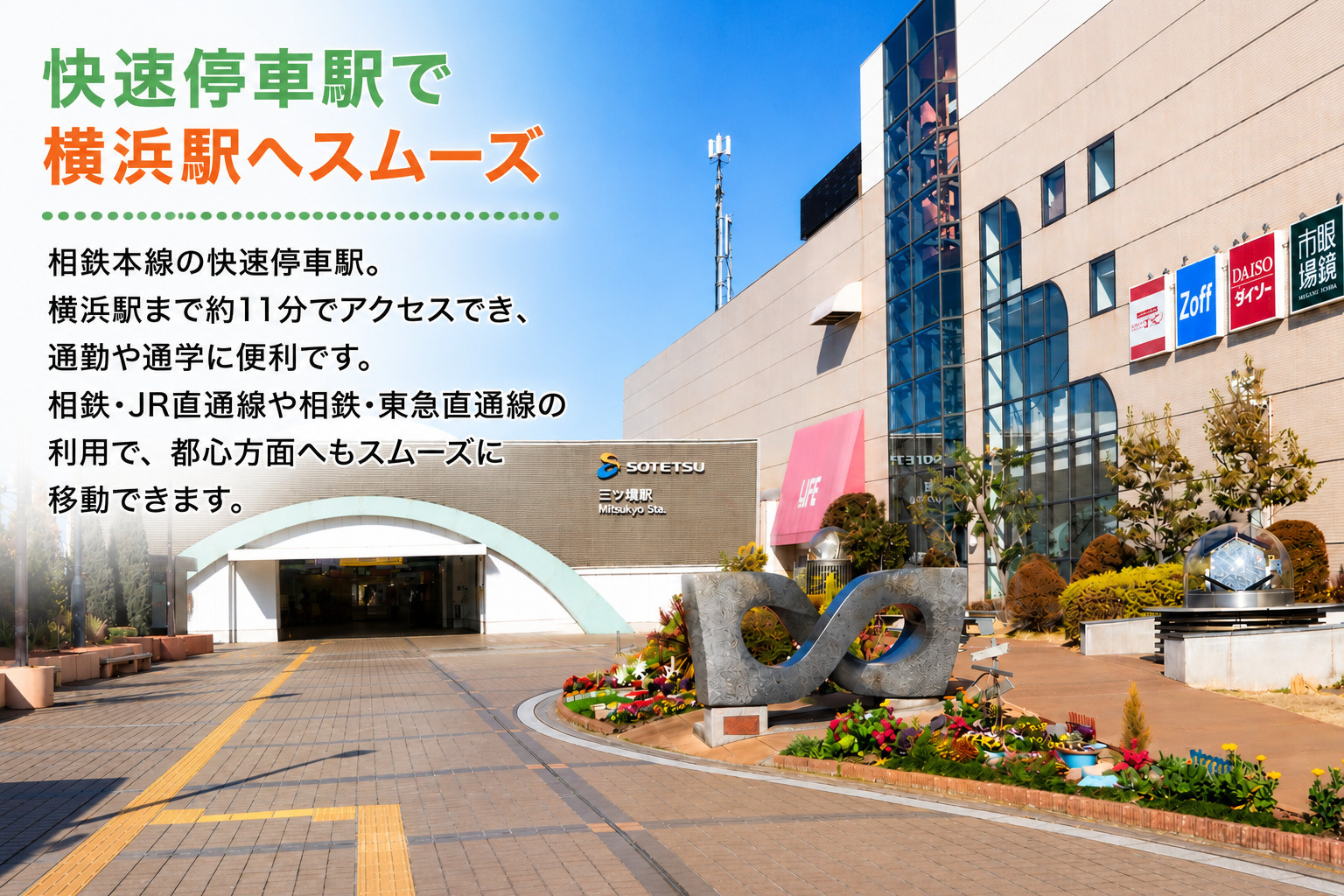 駅徒歩圏でも平坦な新築戸建てが見つかる三ツ境駅。商店街と駅前商業施設が共存する街の画像
