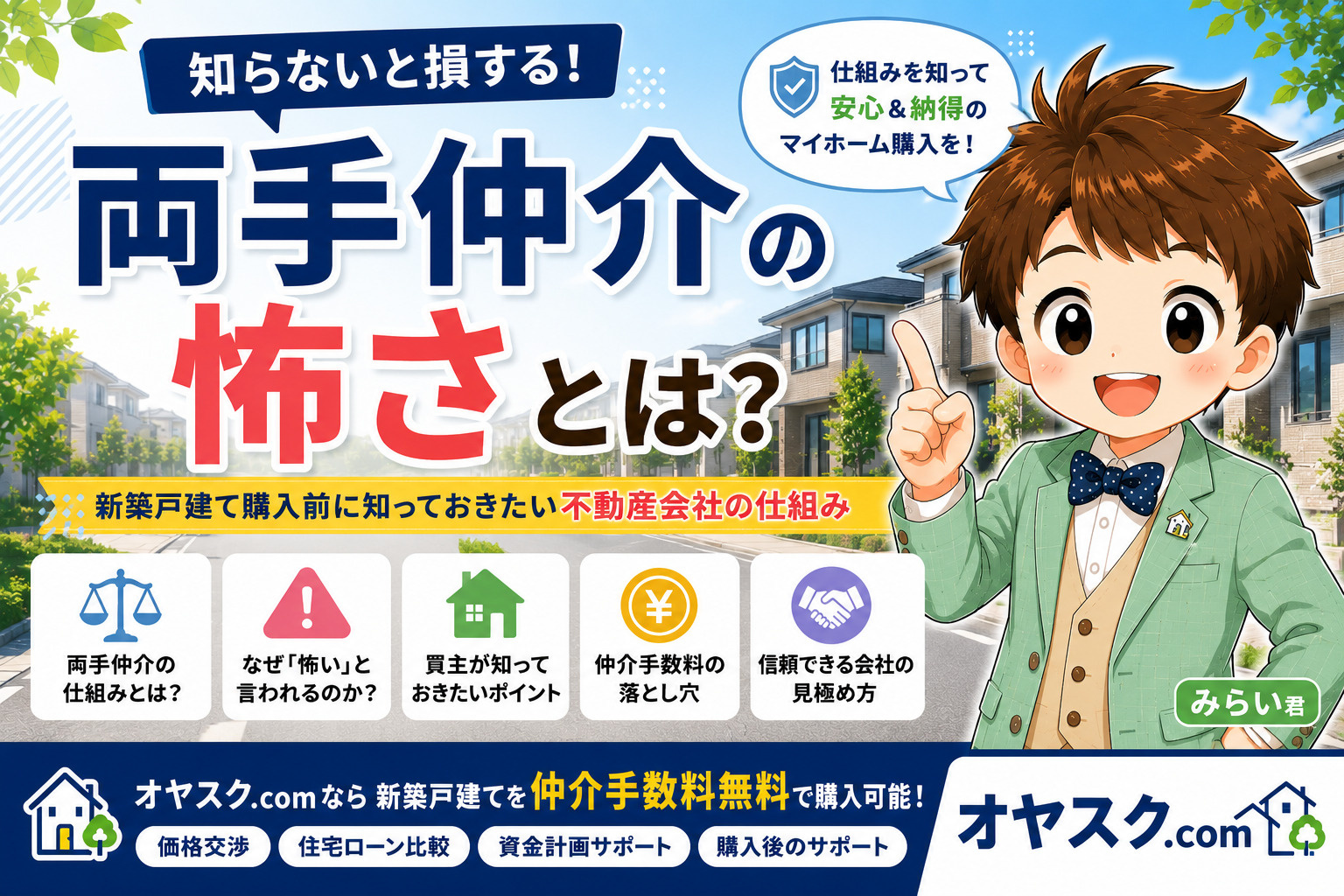 両手仲介の仕組みや注意点、新築戸建てを仲介手数料無料で購入する際に知っておきたいポイントを解説したオヤスク.comの記事タイトル画像