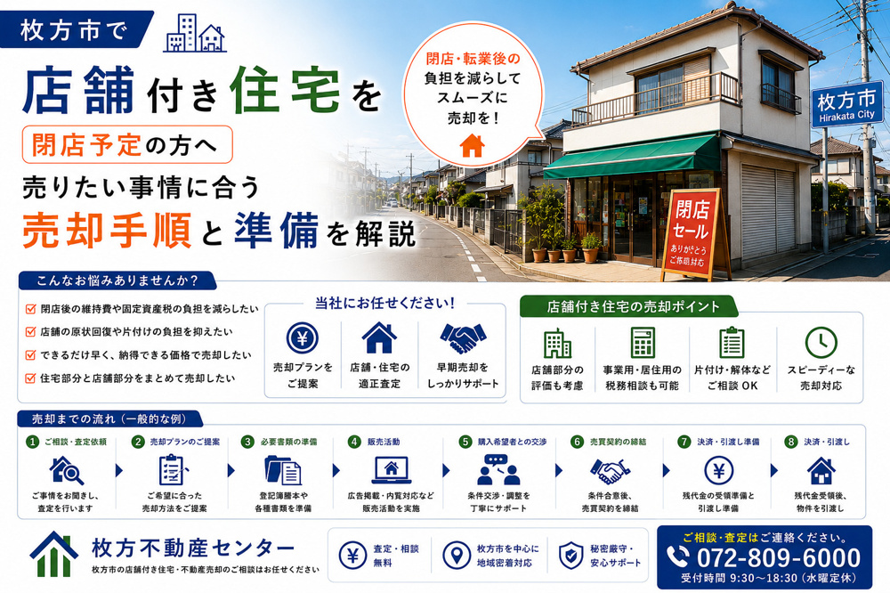 枚方市で店舗付き住宅を閉店予定の方へ？売りたい事情に合う売却手順と準備を解説の画像