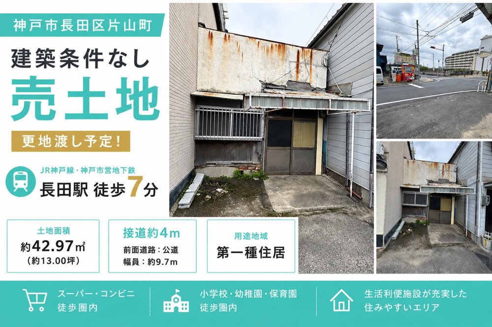 【神戸市長田区片山町】建築条件なし売土地｜更地渡し予定・長田駅徒歩約7分の好立地！の画像