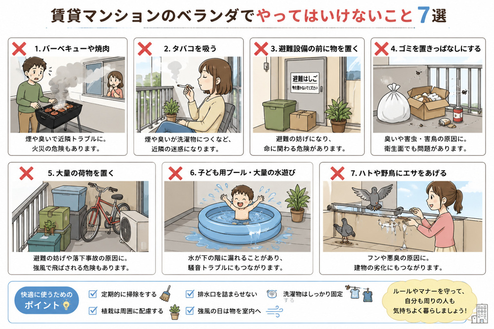 賃貸マンションのベランダでやってはいけないこと7選！トラブルを防ぐための注意点の画像