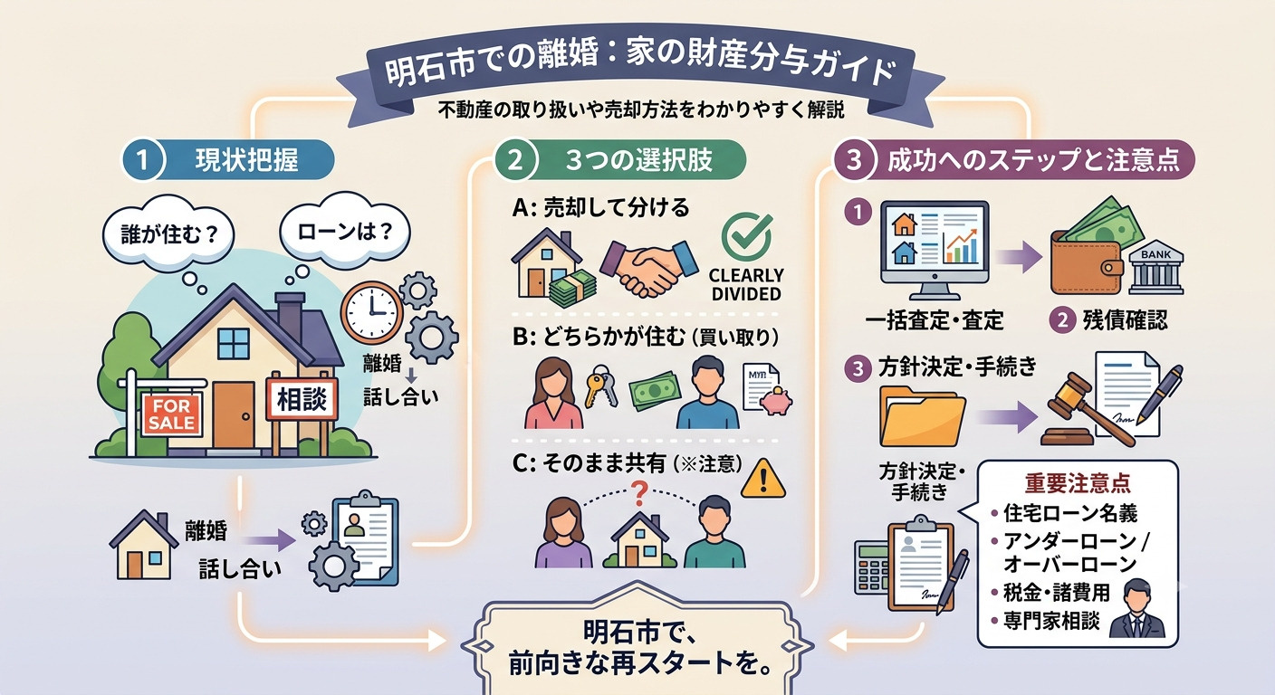明石市の財産分与で家をどうする?離婚時の不動産売却・住宅ローン・名義変更を解説の画像