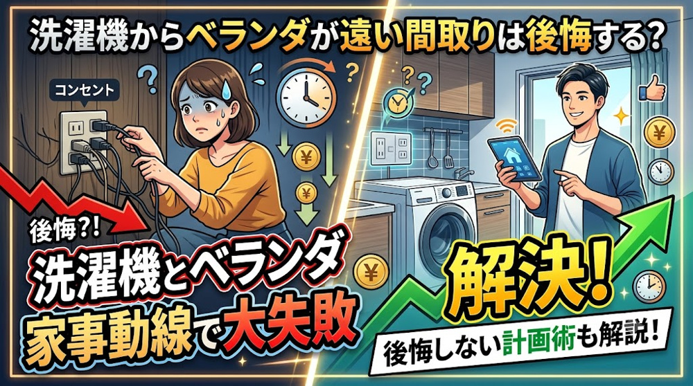 洗濯機からベランダが遠い間取りは後悔する？家事動線を見直し洗濯機とベランダ問題を回避する方法の画像