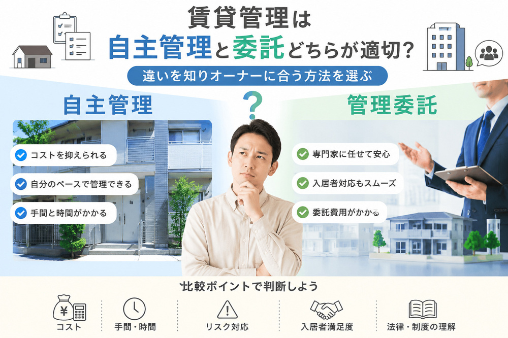 賃貸管理は自主管理と委託どちらが適切？違いを知りオーナーに合う方法を選ぶの画像