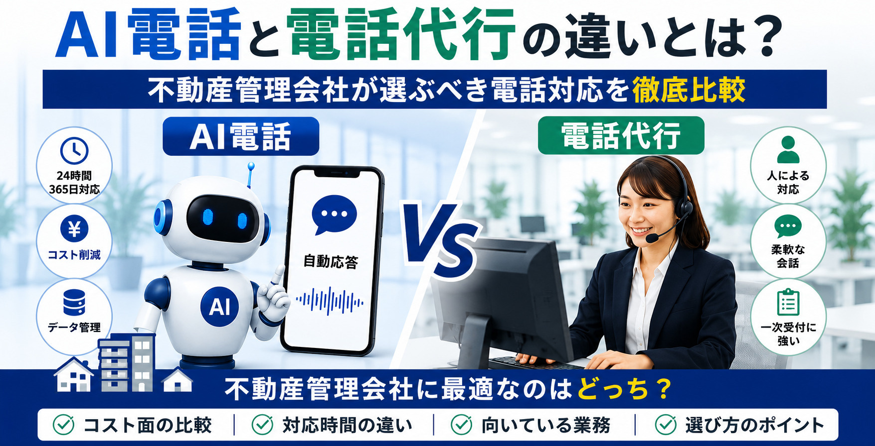 AI電話と電話代行の違いとは?不動産管理会社が選ぶべき電話対応を徹底比較|SmartCallの画像