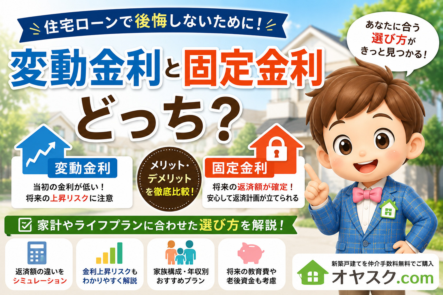 変動金利と固定金利の違いや向いている人を比較し、後悔しない住宅ローンの選び方を解説するオヤスク.comの記事タイトル画像