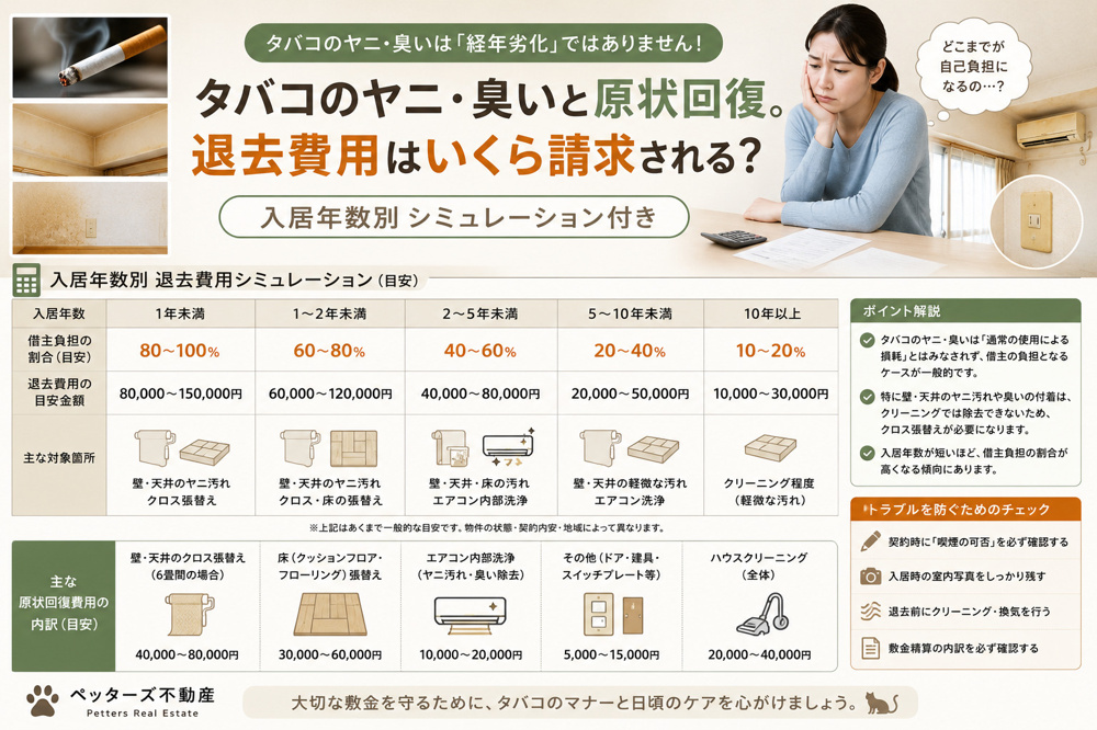タバコのヤニ・臭いと原状回復。退去費用はいくら請求される？入居年数別シミュレーション付きの画像