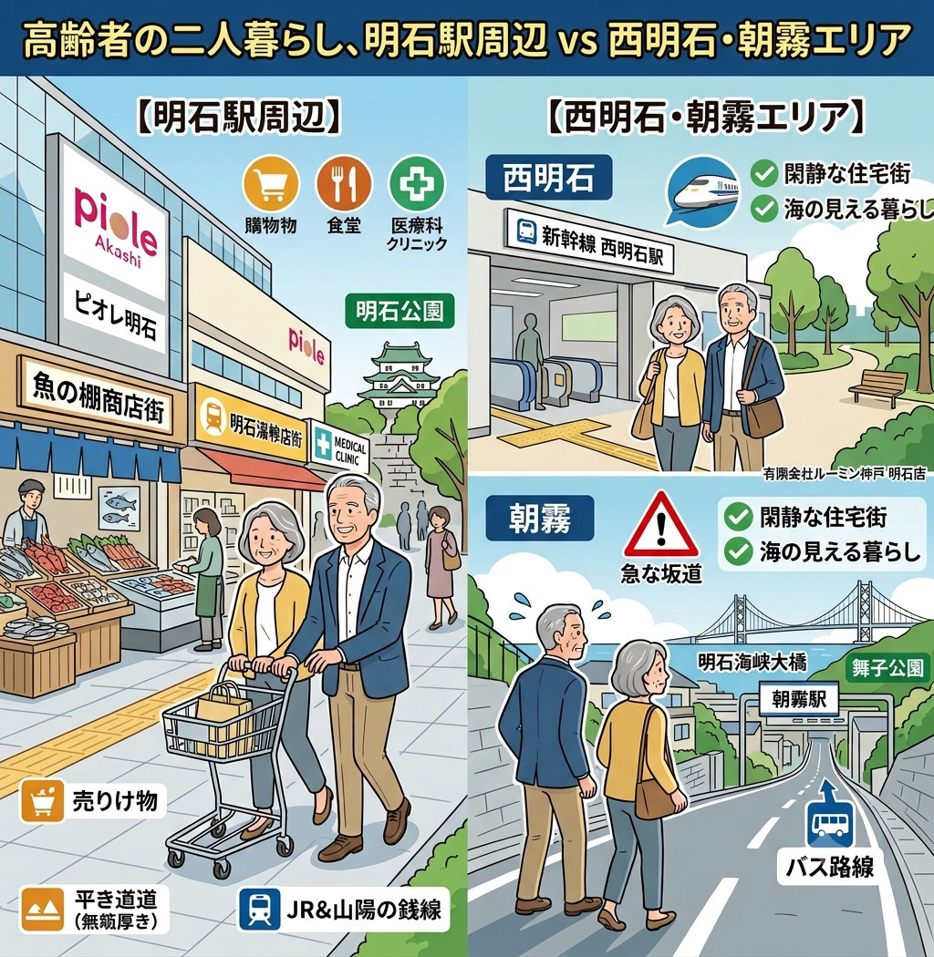 【シニア同居・熟年夫婦】高齢者の二人暮らしならどっち？「明石駅周辺」vs「西明石・朝霧エリア」住みやすさ徹底比較の画像