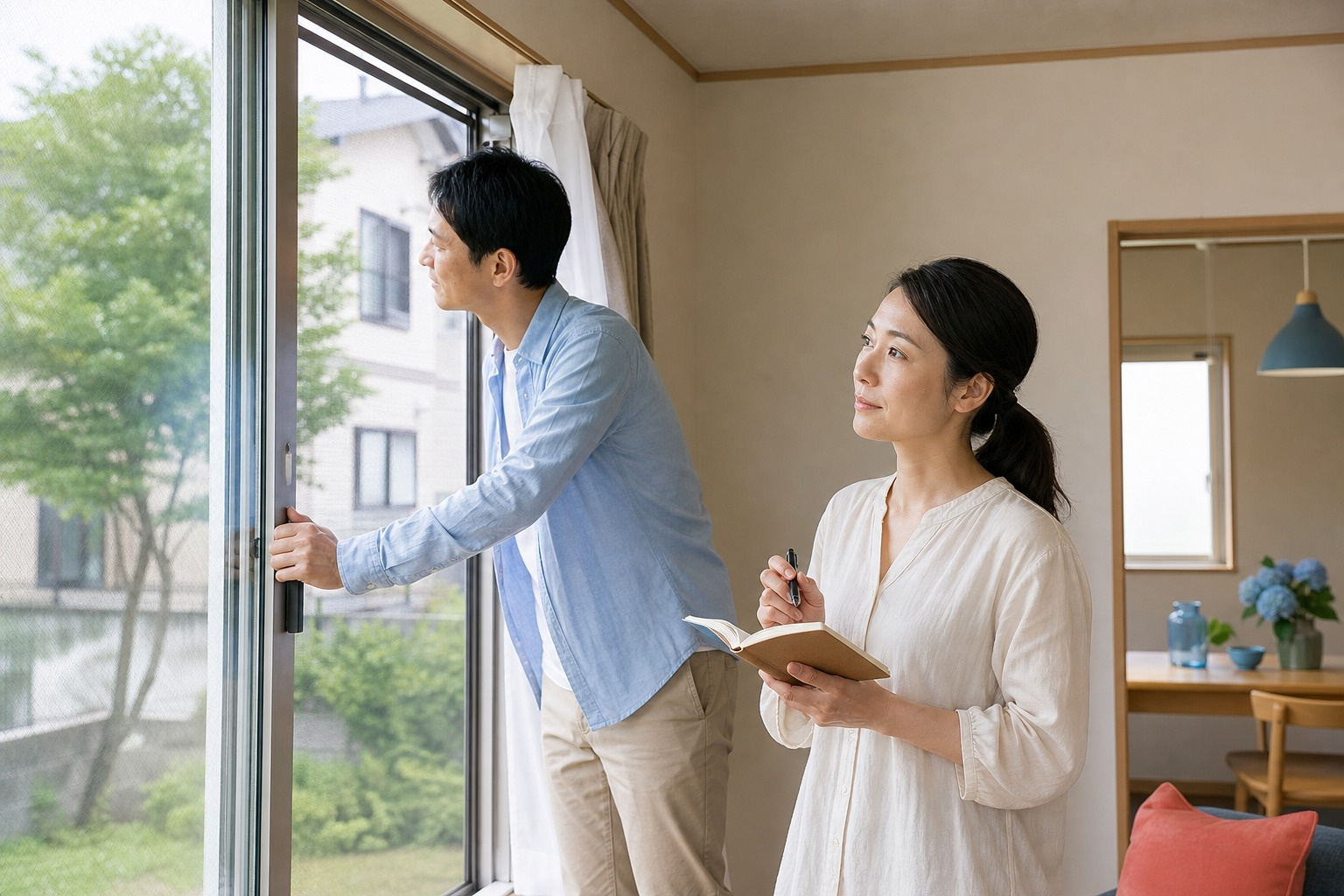 北見の住まいを内覧し、窓を開けて風通しを確認する様子