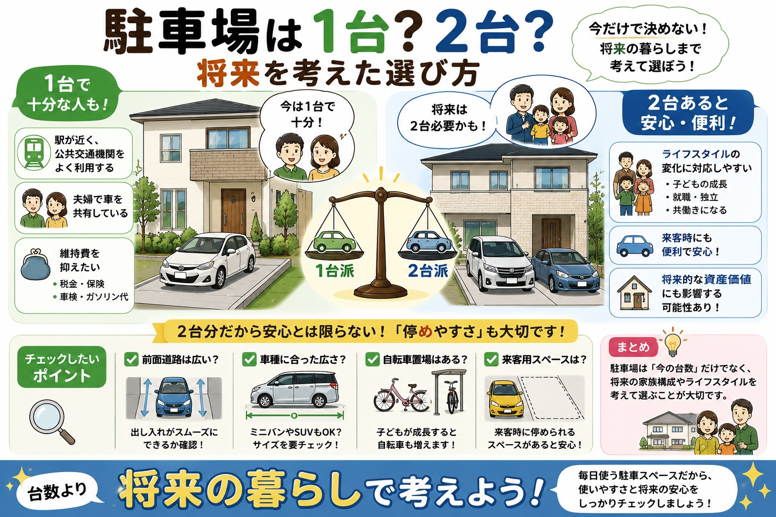 駐車場は1台？2台？将来を考えた選び方｜後悔しない住まいづくりのポイントの画像