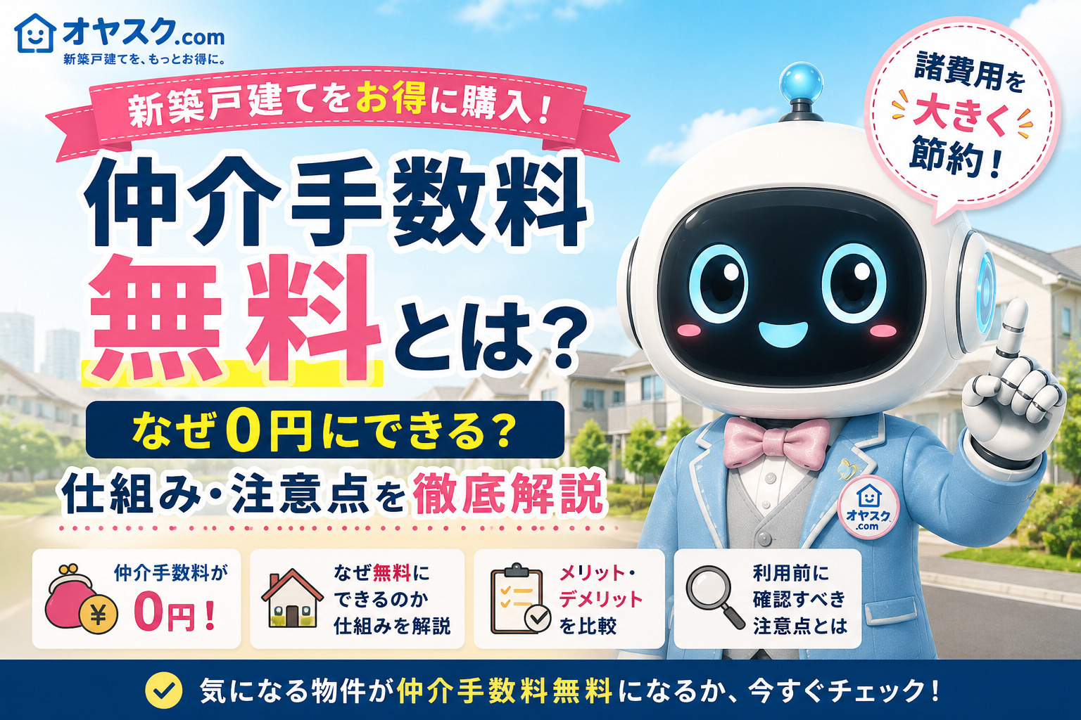 仲介手数料無料とは何か、無料にできる仕組みと新築戸建て購入時の注意点を解説するオヤスク.comの記事