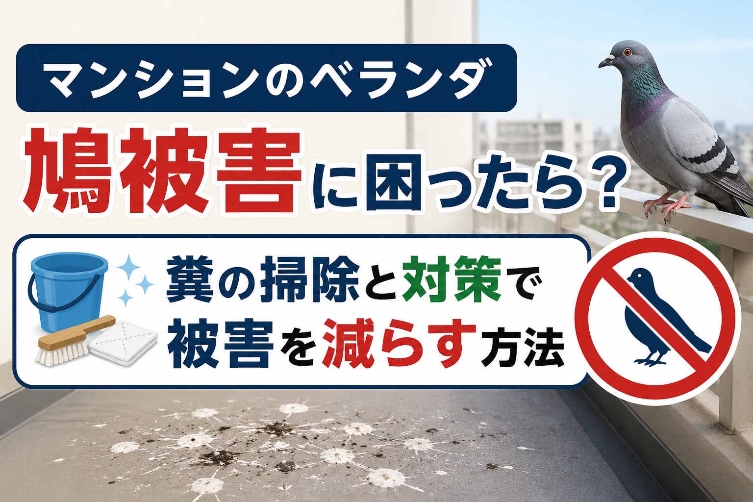 マンションのベランダ鳩被害に困ったら？糞の掃除と対策で被害を減らす方法の画像