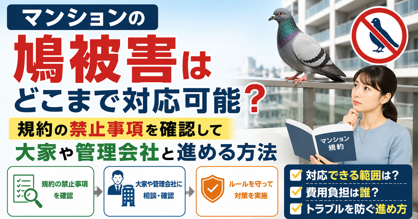 マンションの鳩被害はどこまで対応可能?規約の禁止事項を確認して大家や管理会社と進める方法の画像