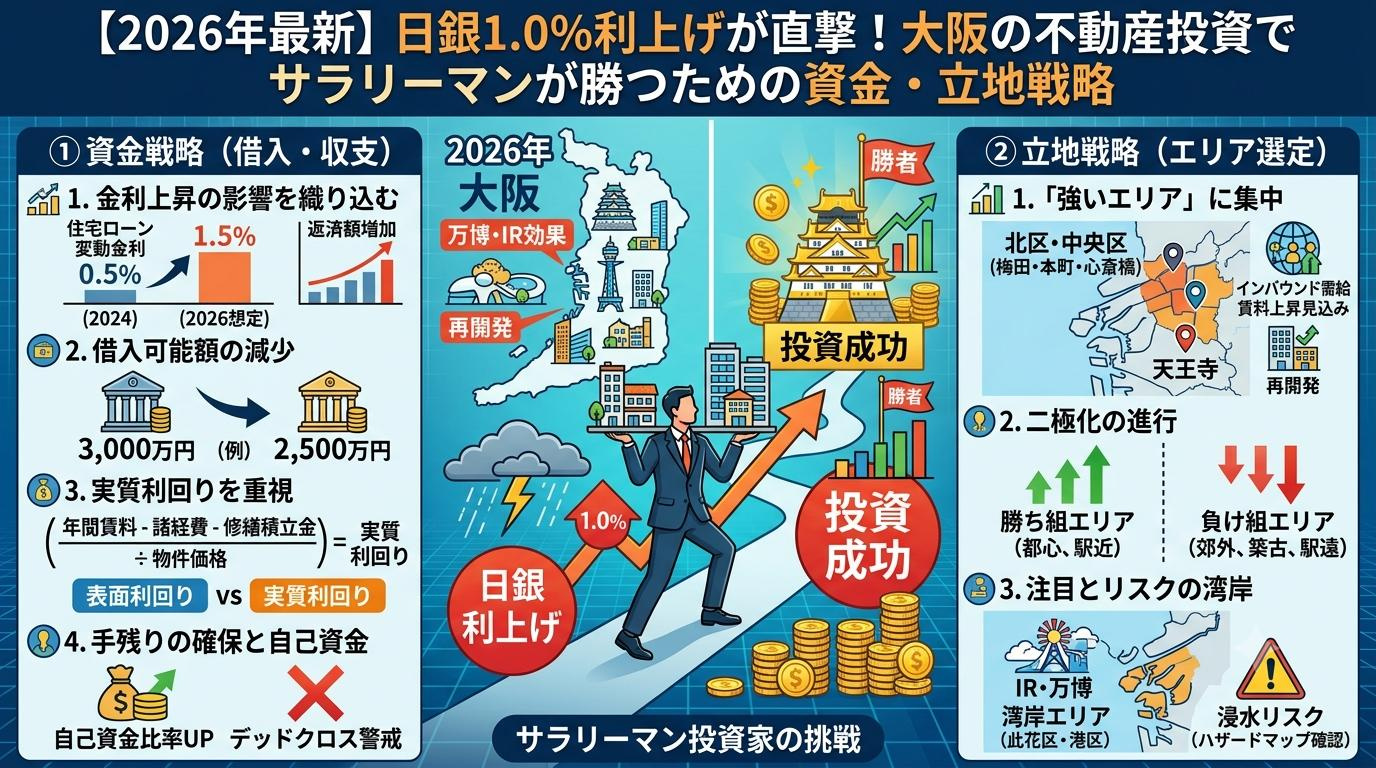【2026年最新】日銀1.0％利上げで大阪の不動産投資はどうなる？サラリーマン投資家が生き残る資金計画と立地戦略の画像
